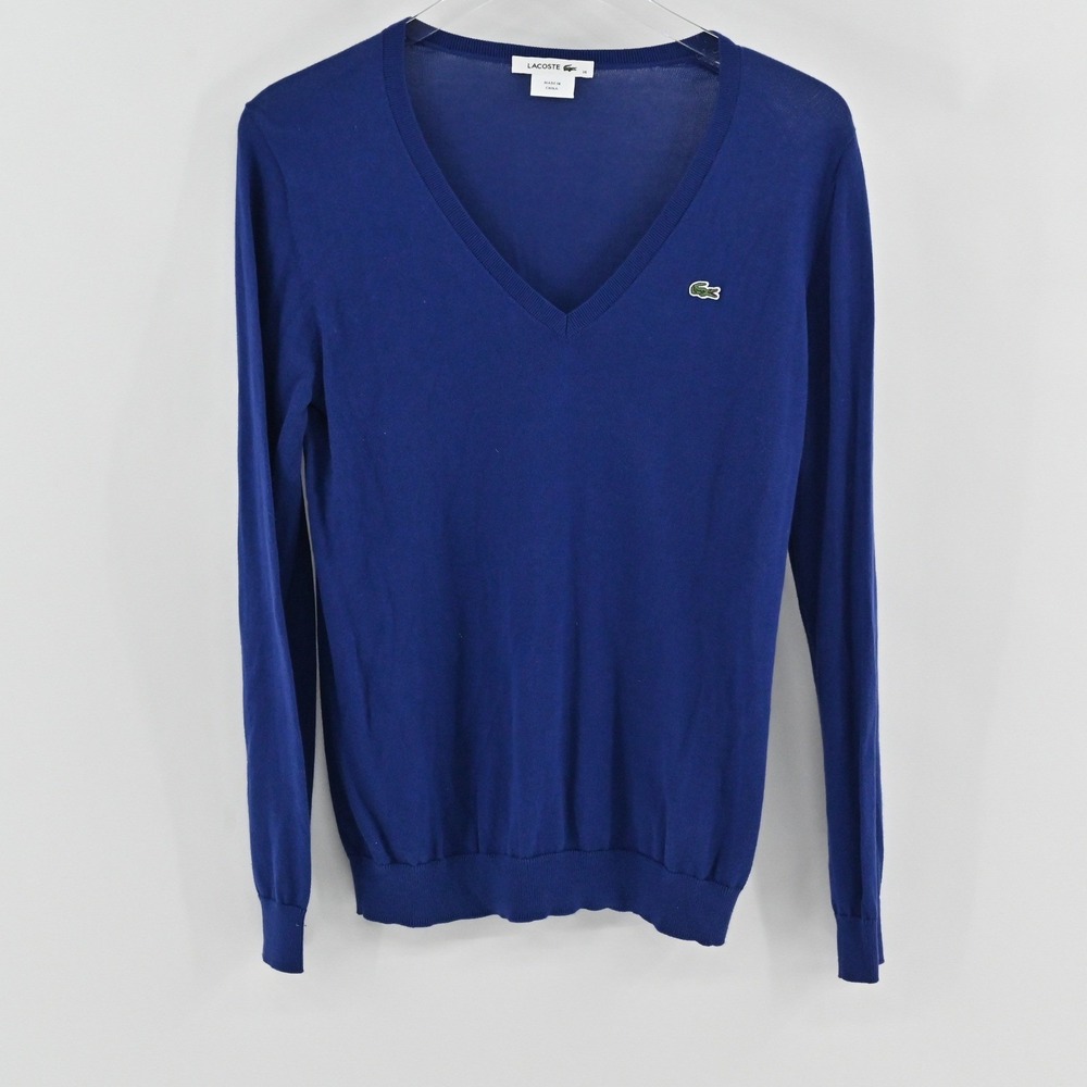 Lacoste V-Neck Pullover Sweater Womens Size 38 Blue Cotton Preppy Logo Old Money